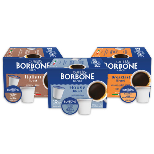 Caffe Borbone Variety Pack Keurig K-Cup® Pods, featuring three different flavor varieties of coffee pods in blue, brown, and orange packaging with images of coffee cups and pods.