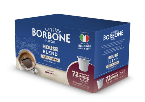 Caffe Borbone House Blend Keurig K-Cup® Pods, blue box containing 72 compatible coffee pods with an image of a cup of brewed coffee and detailed product information.