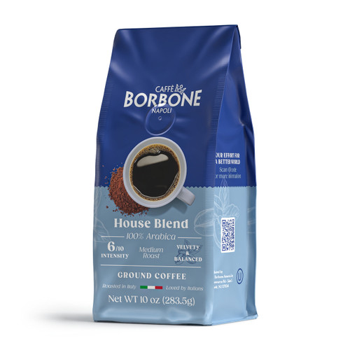 Caffe Borbone House Blend Ground Coffee, blue packaging with an image of a coffee cup and ground coffee, 100% Arabica, medium roast, 6/10 intensity, net weight 10 oz (283.5g).