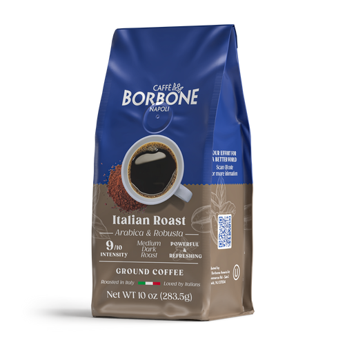 Bag of Ground Coffee in the Italian Roast by Caffe Borbone. Top half of the packaging is in the Caffe Borbone blue and the botton half is in a gray-brown color to help you identify it's the Italian Roast blend. Bag of Ground Coffee in the Italian Roast by Caffe Borbone. Top half of the packaging is in the Caffe Borbone blue and the botton half is in a gray-brown color to help you identify it's the Italian Roast blend.