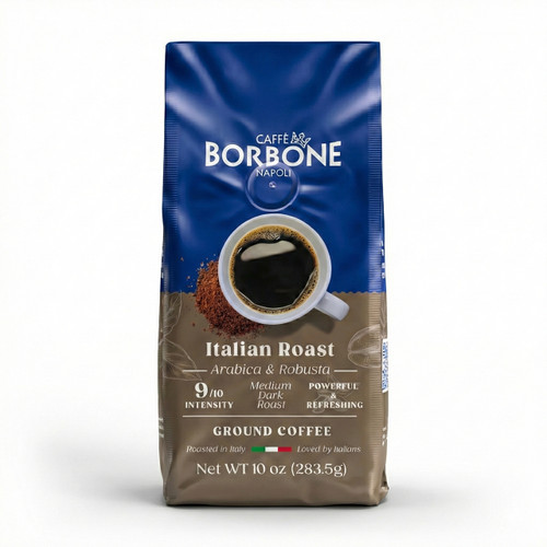 Caffe Borbone Italian Roast Ground Coffee, blue and beige packaging with a coffee cup and coffee grounds image.