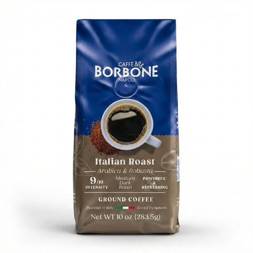 Caffe Borbone Italian Roast Ground Coffee, blue and beige packaging with a coffee cup and coffee grounds image.