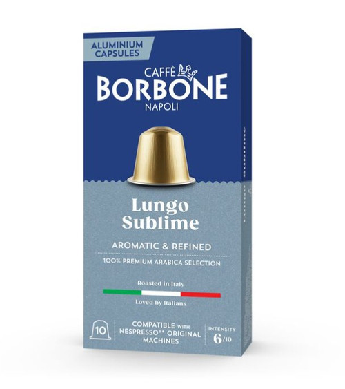 Front of Caffe Borbone 10 Count Lungo Sublime 100% Arabica Coffee in Aluminum Capsules for Nespresso Original Machines