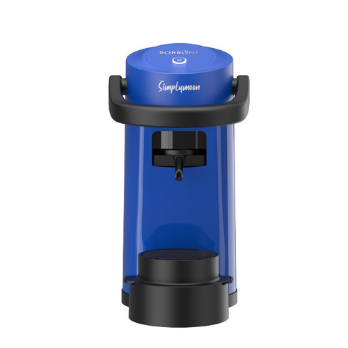 Caffe Borbone Simply Moon Single Serve Espresso Machine, blue compact coffee maker with black accents and a built-in cup platform.