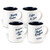 Caffe Borbone Ceramic Mug, set of four white ceramic mugs with blue interior and inspirational phrases in blue script on the exterior.