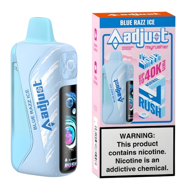 Adjust MyRusher 40K disposable vape 5-pack box featuring five adjustable power devices with dual-mesh coils, smart displays, transparent e-liquid tanks, USB-C rechargeable 1000mAh batteries, and up to 40,000 puffs per device.