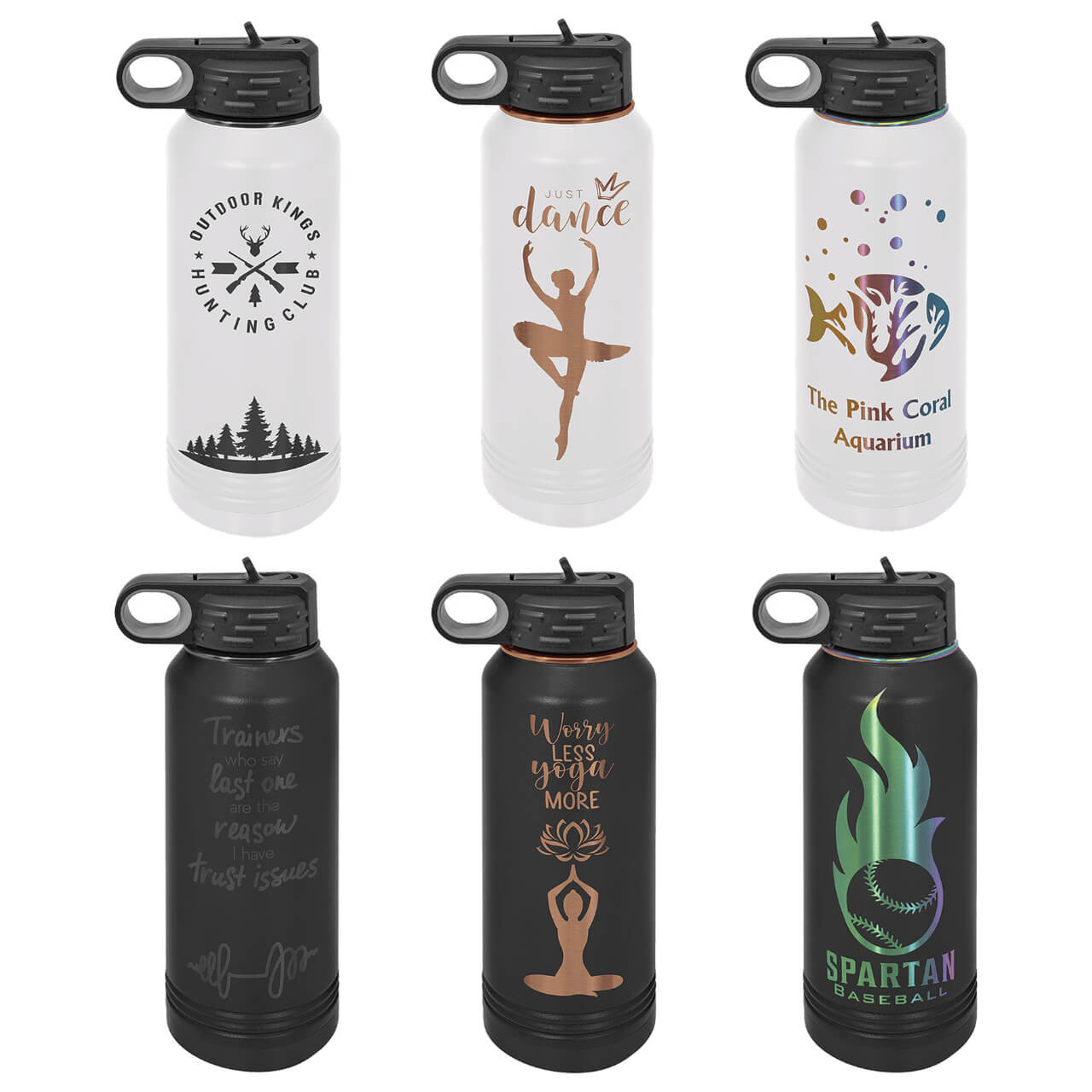 Elevate your daily hydration with our premium 32 oz customizable stainless steel water bottle, featuring innovative ion plating under a durable powder coat for a stunning combination of colors, paired with double-wall vacuum insulation to keep drinks ice-cold for hours or piping hot without condensation. This personalized insulated water bottle features a quick grab finger hold and flip up straw, sweat-free matte black or white exterior, and BPA-free construction for eco-friendly versatility as a water bottle,  commuter cup or take on your hiking and camping adventures