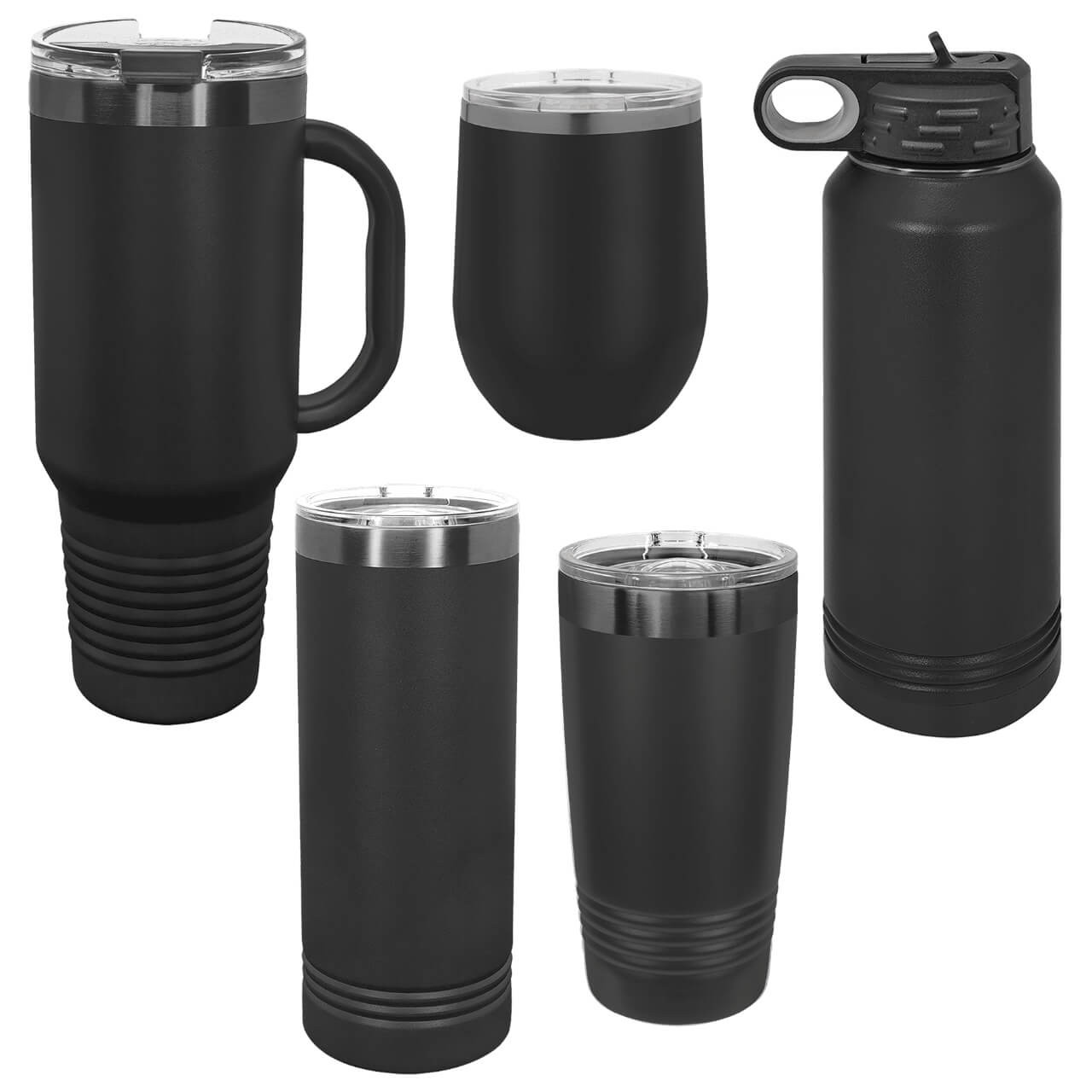 Elevate your daily hydration with our premium customizable stainless steel tumblers, featuring innovative ghost black ion plating under a durable powder coat for a stunning tone on tone effect paired with double-wall vacuum insulation to keep drinks ice-cold for hours or piping hot without condensation. This collection of drinkware includes a 40 oz handled tumbler, a 30 oz water bottle, a 20 oz tumbler, a 22 oz skinny tumbler, and a 12 oz wine tumbler, sweat-free matte black exterior, and BPA-free construction for eco-friendly versatility for all your drinking needs.matte black exterior, and BPA-free construction for eco-friendly versatility as a coffee tumbler, water bottle, or commuter cup
