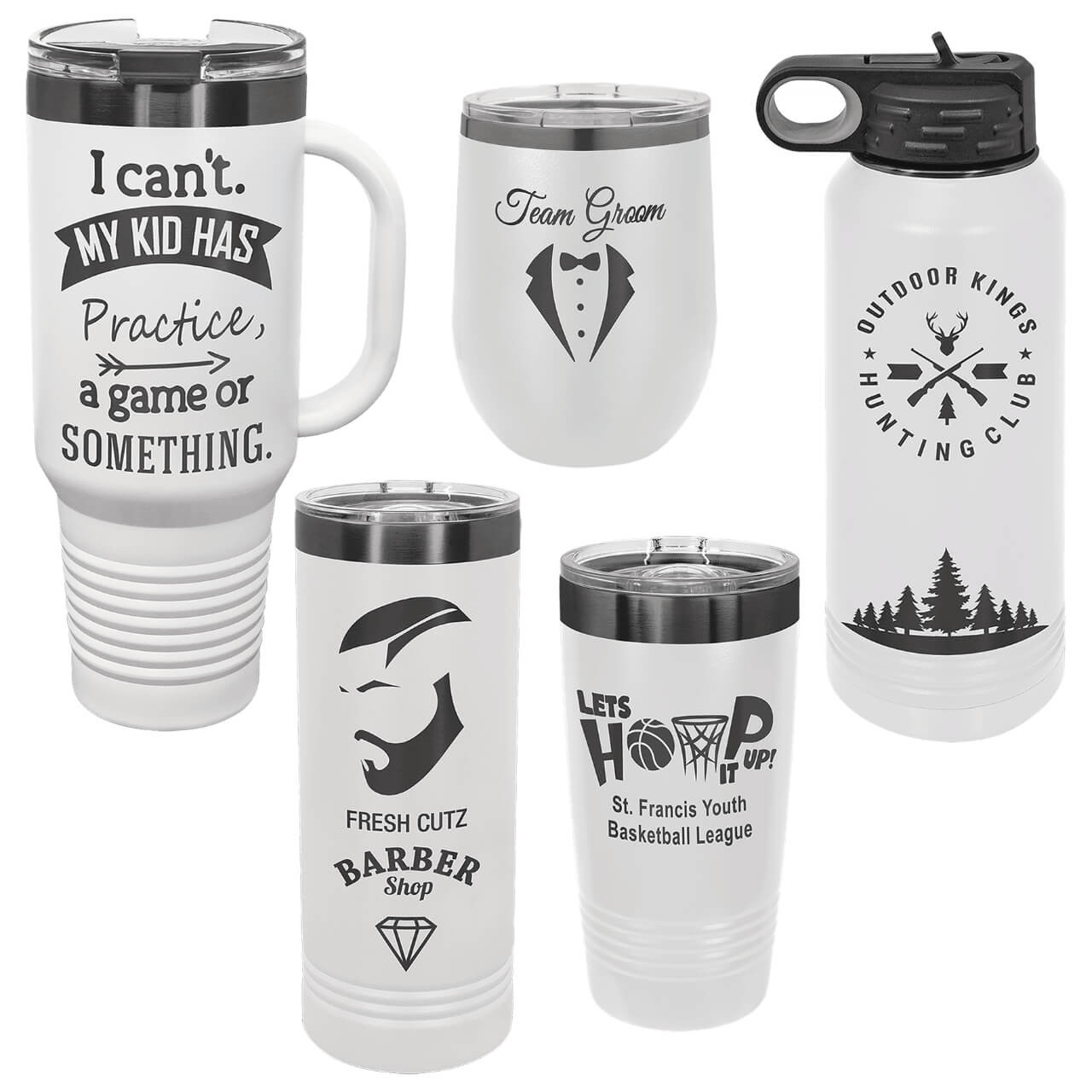 Elevate your daily hydration with our premium customizable stainless steel tumblers, featuring innovative ghost black ion plating under a durable powder coat for a stunning contrast effect paired with double-wall vacuum insulation to keep drinks ice-cold for hours or piping hot without condensation. This collection of drinkware includes a 40 oz handled tumbler, a 30 oz water bottle, a 20 oz tumbler, a 22 oz skinny tumbler, and a 12 oz wine tumbler, sweat-free matte white exterior, and BPA-free construction for eco-friendly versatility for all your drinking needs.