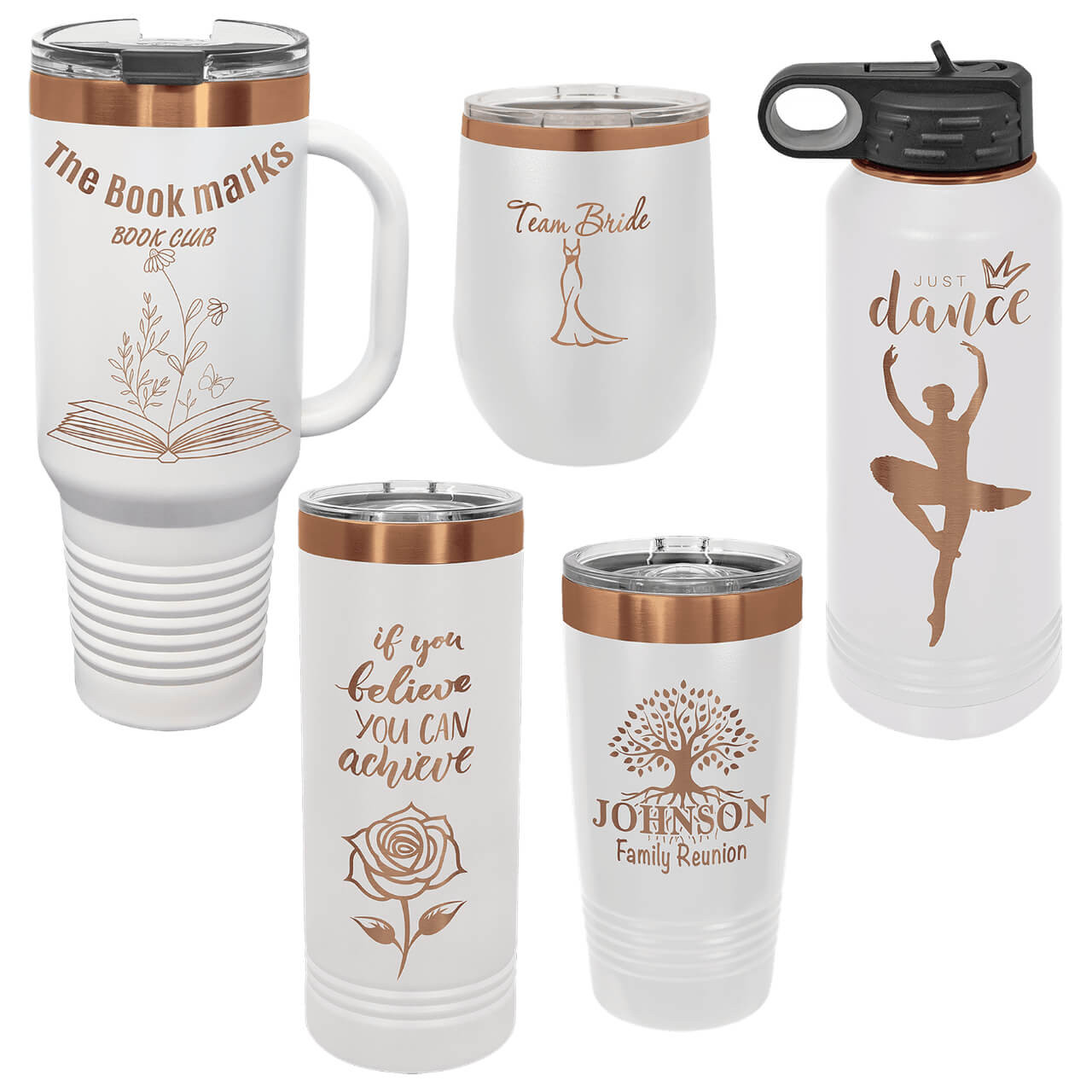 Elevate your daily hydration with our premium customizable stainless steel tumblers, featuring innovative rose gold ion plating under a durable powder coat for a stunning contrast paired with double-wall vacuum insulation to keep drinks ice-cold for hours or piping hot without condensation. This collection of drinkware includes a 40 oz handled tumbler, a 30 oz water bottle, a 20 oz tumbler, a 22 oz skinny tumbler, and a 12 oz wine tumbler, sweat-free matte white exterior, and BPA-free construction for eco-friendly versatility for all your drinking needs.