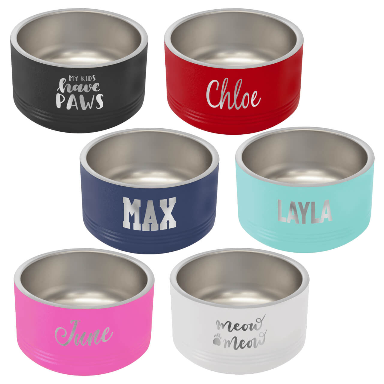 Elevate your pet's mealtime with our premium powder coated stainless steel customizable pet bowls, available in three versatile sizes—small for kittens and puppies, medium for everyday use, and large for big breeds—featuring durable, rust-resistant exteriors in vibrant colors like black, red, navy, teal, pink, and white to match any home decor. These personalized dog bowls or cat bowls offer non-slip bases, easy-to-clean stainless steel interiors, endless engraving options for names or designs, and BPA-free construction for safe, stylish feeding, making them the ultimate custom pet food bowl