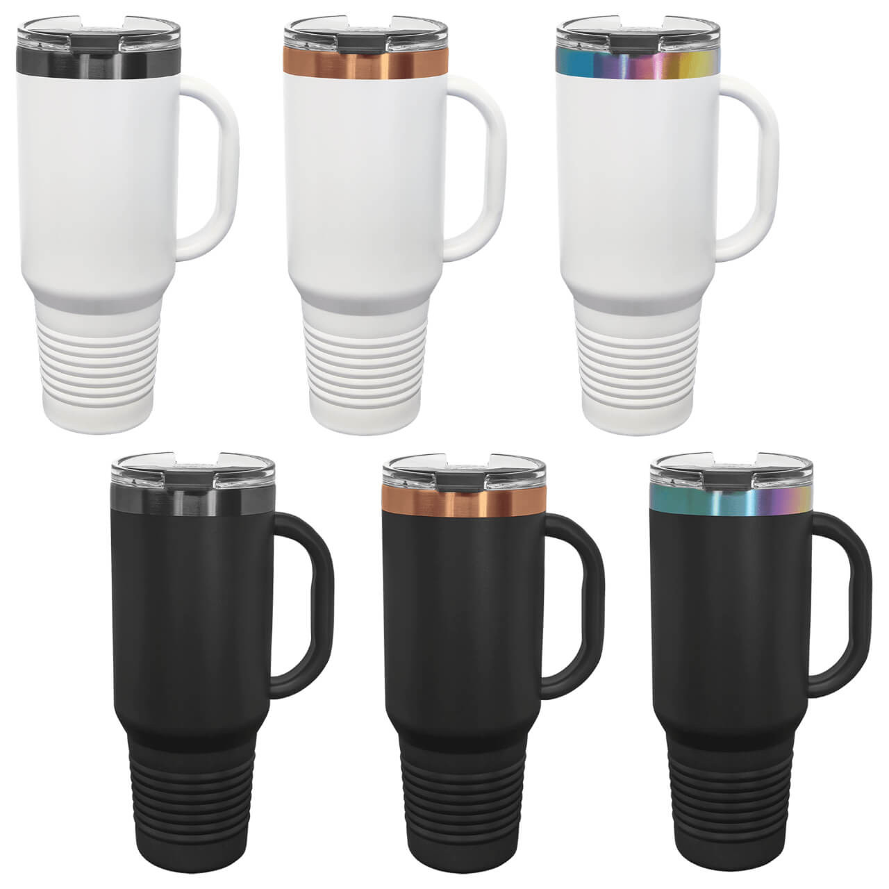 Elevate your daily hydration with our premium 40 oz customizable stainless steel handled tumblers, featuring innovative ion plating under a durable powder coat for a stunning finish that shifts colors in the light, paired with double-wall vacuum insulation to keep drinks ice-cold for hours or piping hot without condensation. This personalized insulated travel mug includes a sip lid, sweat-free matte white exterior, and BPA-free construction for eco-friendly versatility as a coffee tumbler, water bottle, or commuter cup
