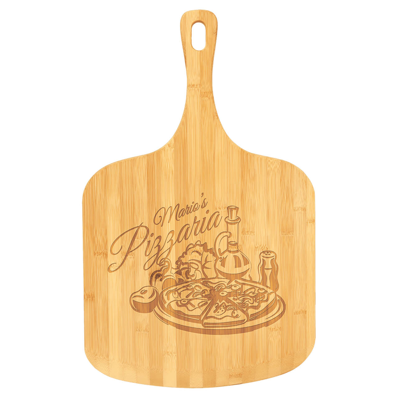 Elevate your pizza nights with our premium 23 1/2 x 14 1/2 inch bamboo pizza board, crafted from bamboo for exceptional durability, natural antimicrobial properties, and a smooth, knife-friendly surface ideal for serving, slicing, or displaying artisanal pizzas straight from the oven. This versatile eco-friendly pizza peel doubles as a rustic charcuterie tray or bread board with its ergonomic handle and custom engraving options for personalized pizzeria themes, housewarming or hostess gifts.