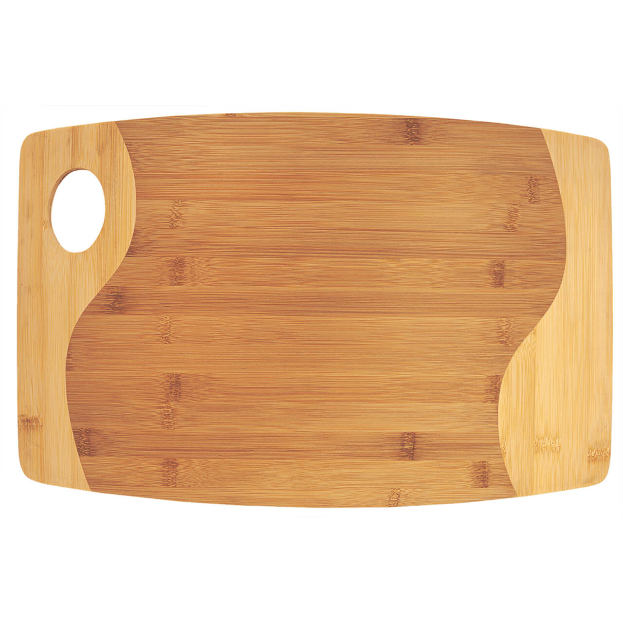 Elevate your kitchen prep with our premium 17 3/4 x 11 3/4 inch bamboo two-tone cutting board, crafted from bamboo in a stylish light and dark contrast finish for exceptional durability, natural antimicrobial properties, and gentle knife protection, complete with a convenient integrated handle for easy storage and transport. This versatile eco-friendly bamboo chopping board doubles as a rustic serving tray or charcuterie display with its smooth, food-safe surface and custom engraving options for personalized designs