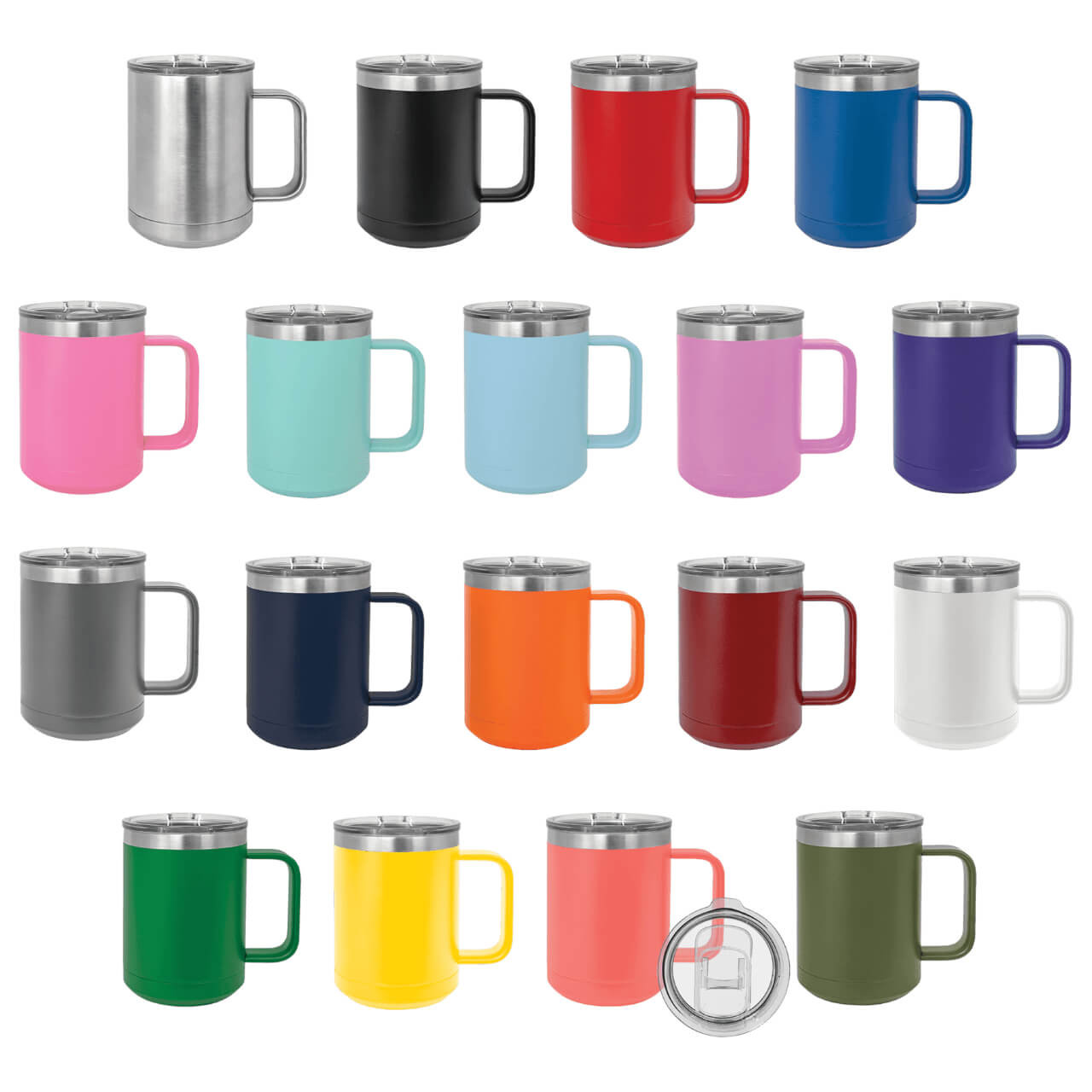 Elevate your morning routine with our premium 15 oz powder coated stainless steel customizable handled coffee mug, featuring double-wall vacuum insulation to keep coffee steaming hot for hours or iced beverages refreshingly cold without condensation, ideal as a personalized travel mug for office commutes, home brewing, or gifting. This durable matte insulated coffee cup includes a leak-proof slide lid, sweat-free exterior, ergonomic handle, and BPA-free construction with several color options and endless engraving options for a unique barista mug or tea tumbler