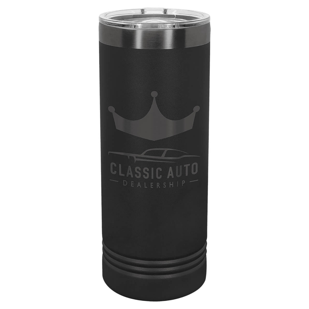 Elevate your daily hydration with our premium 22 oz customizable stainless steel skinny tumbler, featuring innovative ghost black ion plating under a durable powder coat for a stunning tone on tone effect paired with double-wall vacuum insulation to keep drinks ice-cold for hours or piping hot without condensation. This personalized insulated travel mug includes a sip lid, sweat-free