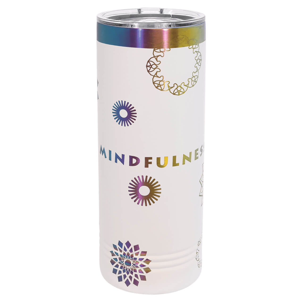 Elevate your daily hydration with our premium 22 oz customizable stainless steel skinny tumbler, featuring innovative prism ion plating under a durable powder coat for a stunning iridescent rainbow that shifts colors in the light, paired with double-wall vacuum insulation to keep drinks ice-cold for hours or piping hot without condensation. This personalized insulated travel mug includes a sip lid, sweat-free matte white exterior, and BPA-free construction for eco-friendly versatility as a coffee tumbler, water bottle, or commuter cup