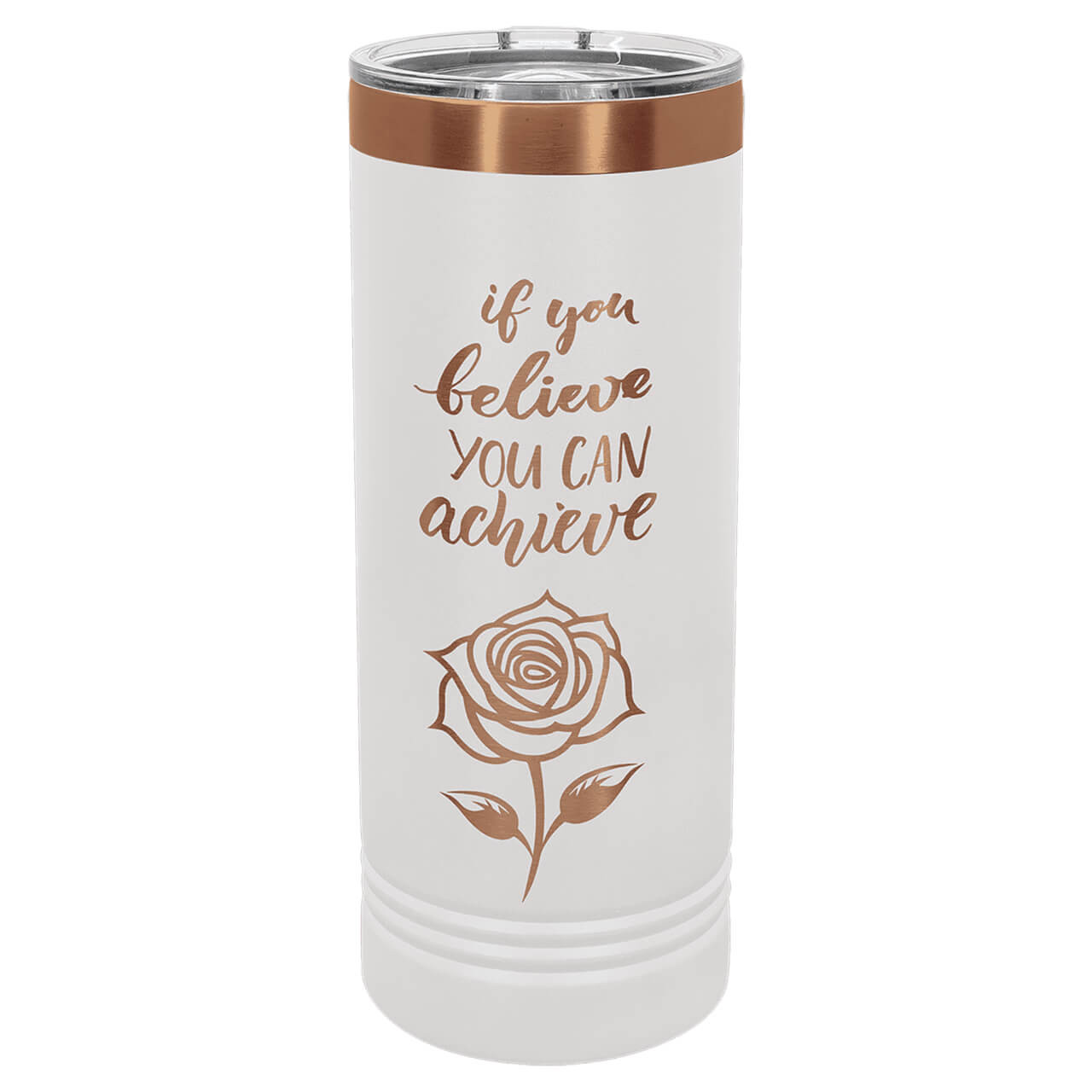 Elevate your daily hydration with our premium 20 oz customizable stainless steel skinny tumbler, featuring innovative rose gold ion plating under a durable powder coat for a stunning contrast, paired with double-wall vacuum insulation to keep drinks ice-cold for hours or piping hot without condensation. This personalized insulated travel mug includes a sip lid, sweat-free matte white exterior, and BPA-free construction for eco-friendly versatility as a coffee tumbler, water bottle, or commuter cup
