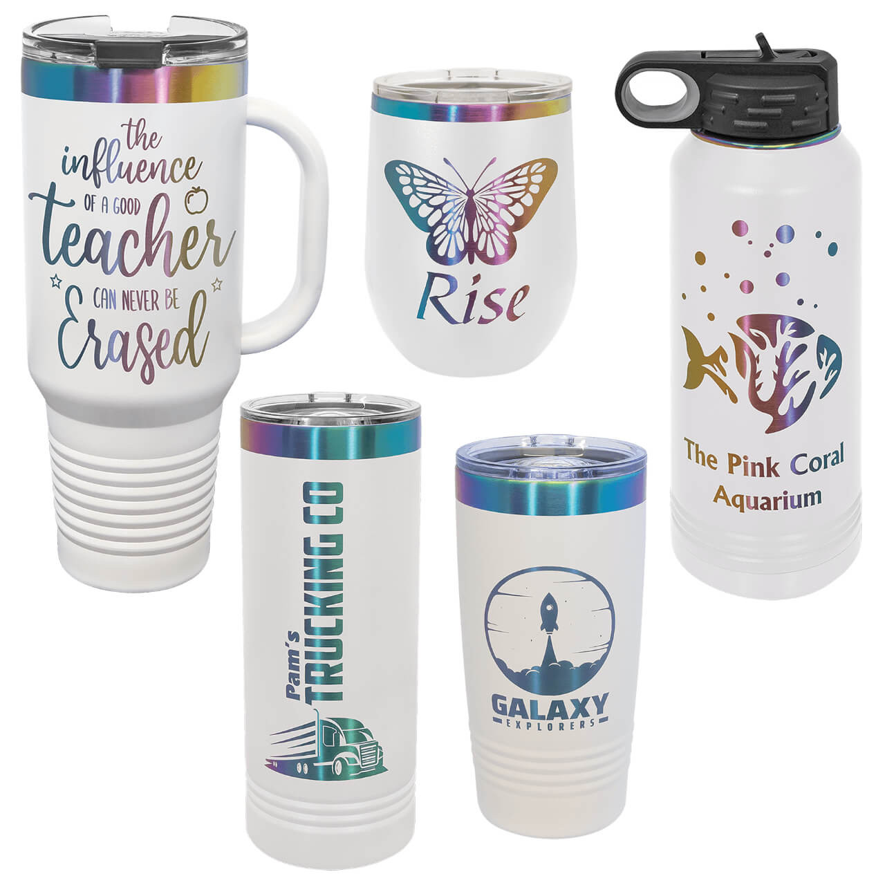 Elevate your daily hydration with our premium customizable stainless steel tumblers, featuring innovative prism ion plating under a durable powder coat for a stunning iridescent rainbow that shifts colors in the light paired with double-wall vacuum insulation to keep drinks ice-cold for hours or piping hot without condensation. This collection of drinkware includes a 40 oz handled tumbler, a 30 oz water bottle, a 20 oz tumbler, a 22 oz skinny tumbler, and a 12 oz wine tumbler, sweat-free matte white exterior, and BPA-free construction for eco-friendly versatility for all your drinking needs.