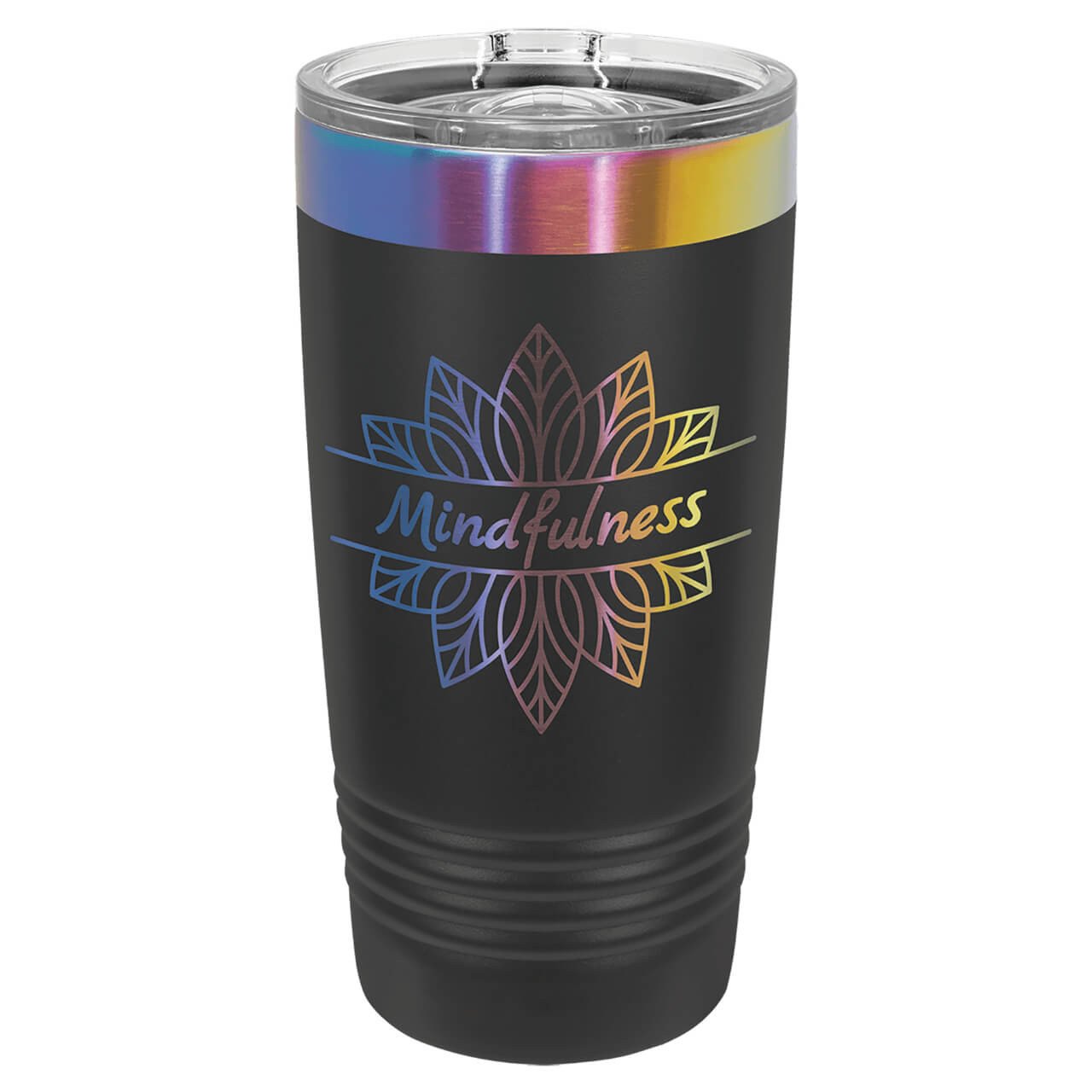 Elevate your daily hydration with our premium 20 oz customizable stainless steel tumbler, featuring innovative prism ion plating under a durable powder coat for a stunning iridescent rainbow that shifts colors in the light, paired with double-wall vacuum insulation to keep drinks ice-cold for hours or piping hot without condensation. This personalized insulated travel mug includes a sip lid, sweat-free matte black exterior, and BPA-free construction for eco-friendly versatility as a coffee tumbler, water bottle, or commuter cup
