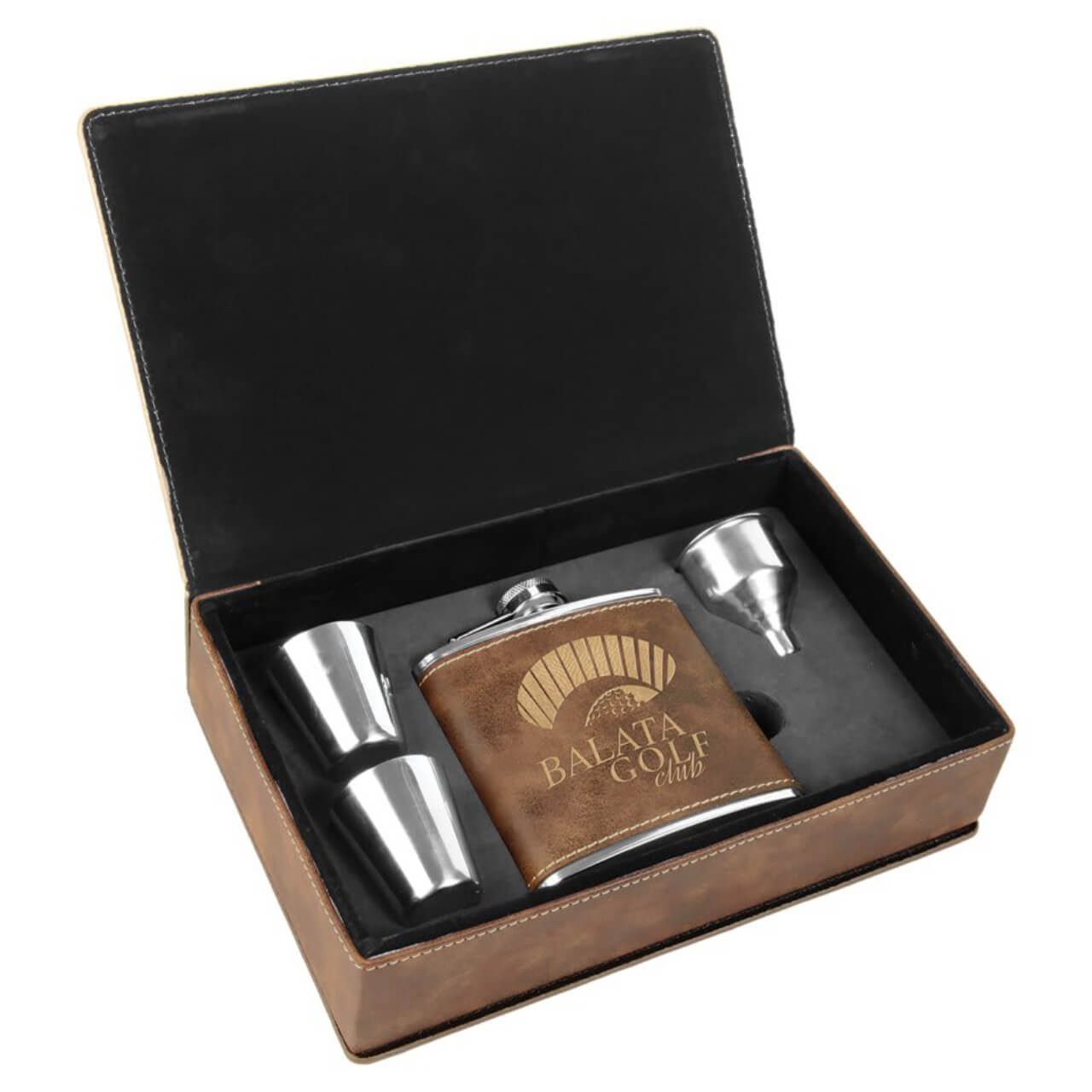 Elevate gifting occasions with our premium 6 oz customizable stainless steel flask gift set, featuring a rustic brown-gold leatherette wrapped flask with custom engraving options, two polished stainless steel shot glasses, and a convenient stainless steel funnel, all nestled in a luxurious leatherette presentation box for ultimate sophistication and portability. This personalized hip flask set is the perfect reusable whiskey flask gift for groomsmen, weddings, birthdays, or corporate events, offering leak-proof durability, BPA-free construction, and timeless style.