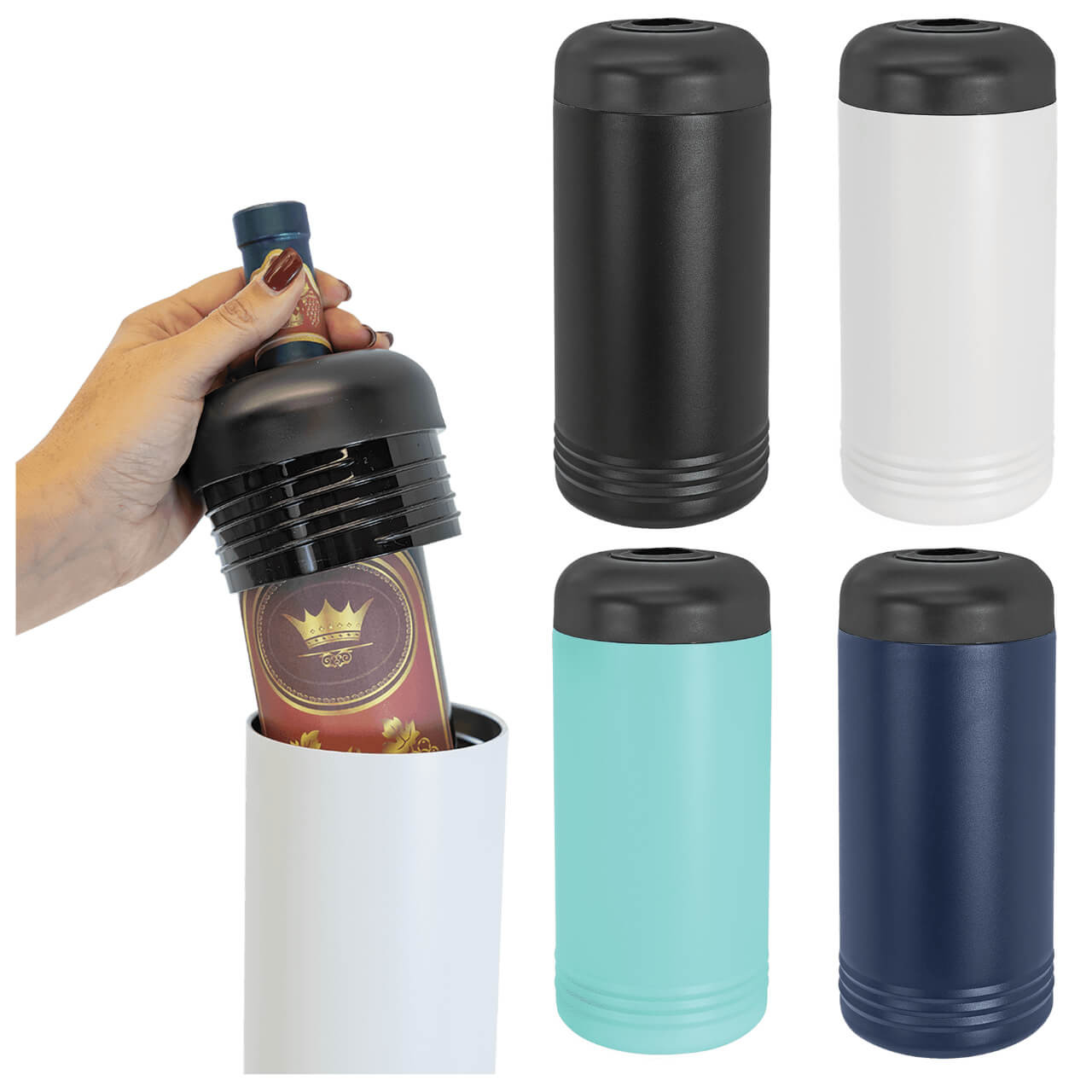 Elevate your wine tasting experiences with our customizable premium stainless steel insulated wine chiller, featuring double-wall vacuum insulation to keep your favorite bottles perfectly chilled for hours without condensation, ideal as a reusable portable wine cooler for picnics, parties, and outdoor gatherings. This sleek powdered coated double-walled wine bottle holder boasts a secure black rubberized top, sweat-free exterior, and durable BPA-free construction for effortless transport, making it the ultimate vacuum insulated wine sleeve or travel wine chiller.