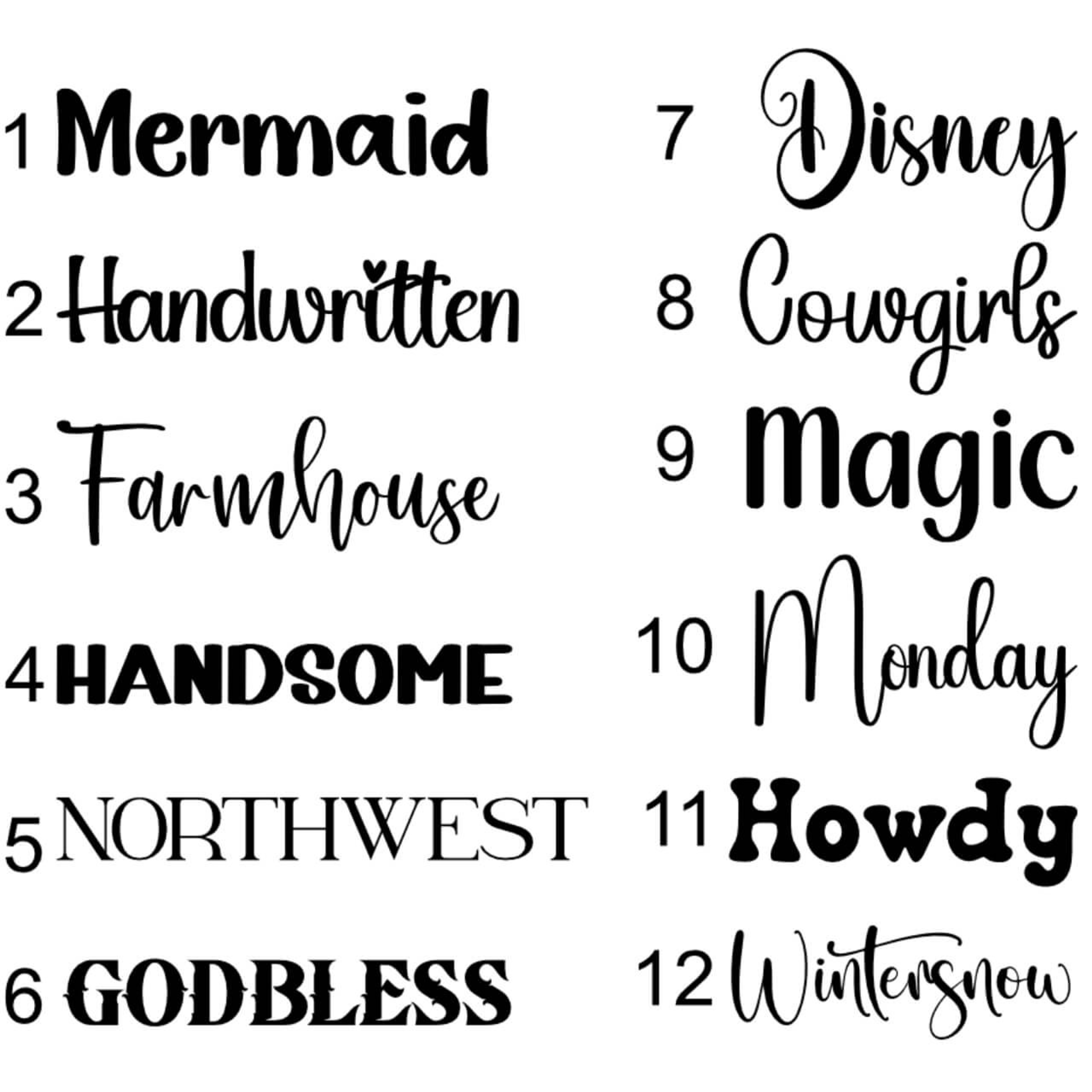 Laser engraving fonts available for your salt light and laser tumblers.