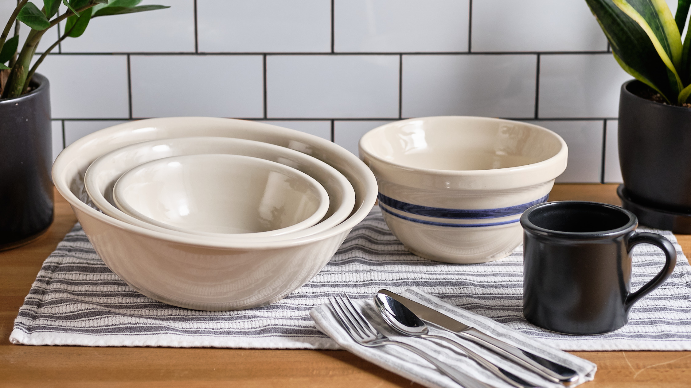 Set of Three USA Made Classic Stoneware Mixing Bowls