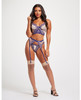 Sheer Stretch Mesh w/Floral Contrast Embroidery Bustier, Garter Belt  Thong Blue/Nude XL
