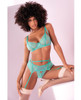 Floral Lace Bra, Garter Belt & Panty Aqua S/M