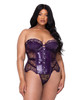 &#039;=Sugar Plum Scalloped Eyelash Lace &amp; Faux Leather Bustier w/Steel Boning &amp; Thong Purple 2X