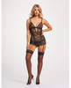 Lace &amp; Mesh Triangle Cup Chemise w/Garters &amp; Thong Black SM