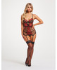Floral Embroidered Lace Chemise w/Adjustable Garters &amp; Thong Black/Red SM