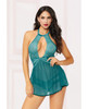 Lace Mesh Babydoll w/Strappy Waist Panty w/Criss Cross Waistband Teal LG