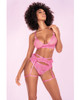 Floral Lace Bra, Ruffle Garter Belt &amp; Panty Sunset Pink S/M
