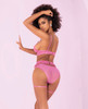 Floral Lace Bra, Ruffle Garter Belt &amp; Panty Sunset Pink L/XL