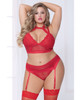 Lace &amp; Netting Long Line Bra, Garter Belt &amp; Open Crotch Thong Red 3X/4X