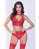 Lace &amp; Netting Long Line Bra, Garter Belt &amp; Open Crotch Thong Red XL