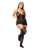 Floral Fishnet Bodice w/Attached Garters &amp; Thigh High Stockings Black QN