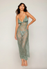Eyelash Lace & Satin Long Chemise w/G-String - Sage Green XL