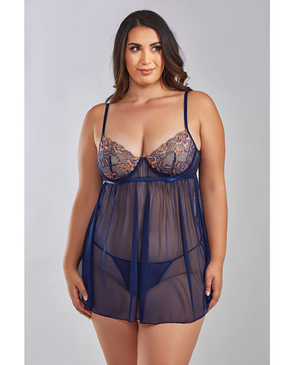 Jennie Cross Dyed Galloon Lace &amp; Mesh Babydoll Navy 1X