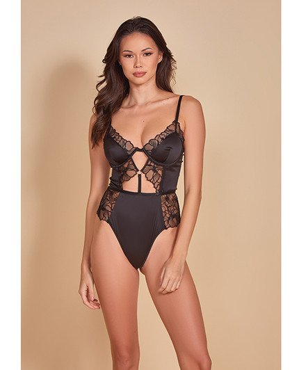 Thread Bare Satin &amp; Embroidered Mesh Teddy Black MD