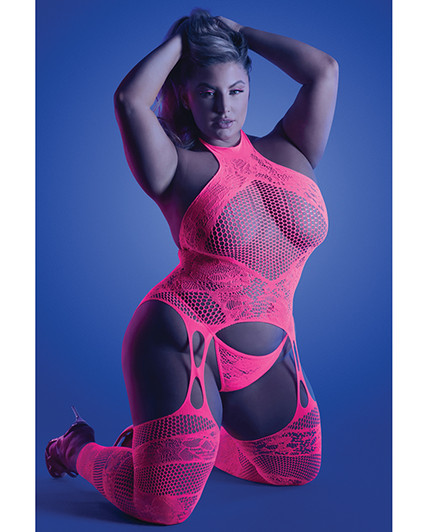 Glow Captivating Halter Bodystocking &amp; G-String Neon Pink QN