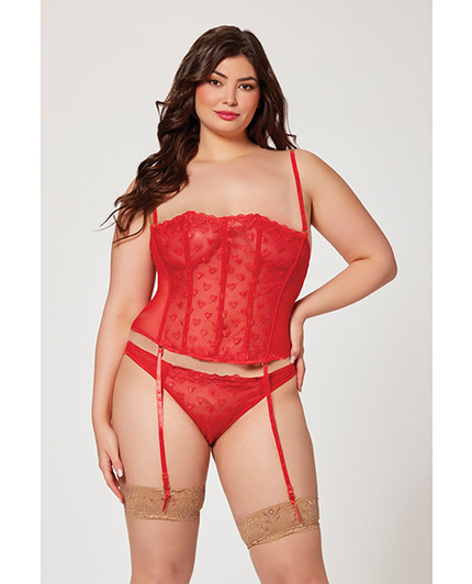 &#039;=Valentines Heart Embroidered Mesh Bustier &amp; Panty Red 1X/2X
