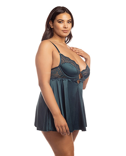 Diana Satin &amp; Lace Babydoll w/Ring &amp; Keyhole Detail Reflecting Pond 1X