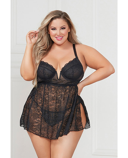 Stretch Lace Babydoll w/Underwire Cups &amp; G-String Black 3X/4X