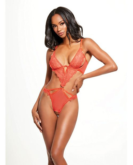 Nadia Lace & Mesh Cutout Teddy - Grenadine Orange SM