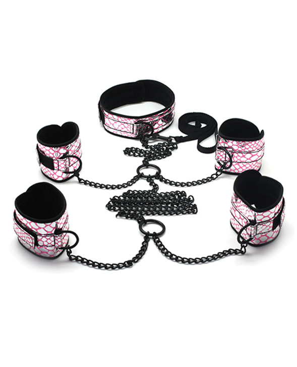 Spartacus Faux Leather Collar to Wrist &amp; Ankle Restraints Bondage Kit w/Leash - Pink