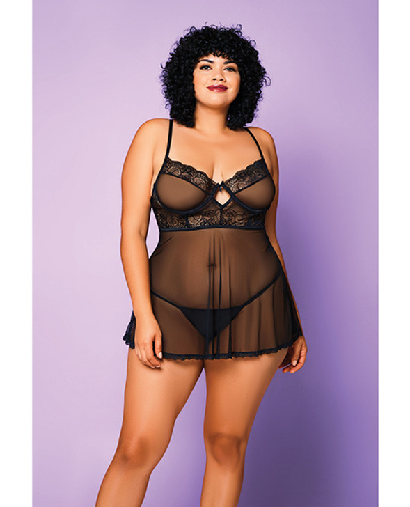 Soft Mesh Babydoll &amp; G-String Black 2X