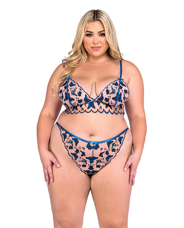 Butterfly Beauty Embroidered Bralette &amp; Panty - Blue 2X